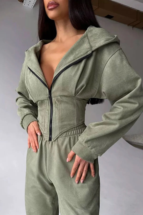 Solid Color Waist Corset Hooded Sweatshirt Jacket and Elastic Waist Athletic Jogger Pants Set