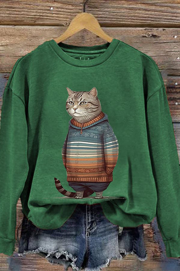 Women's Winter Cat Print Crew Neck Sweatshirt