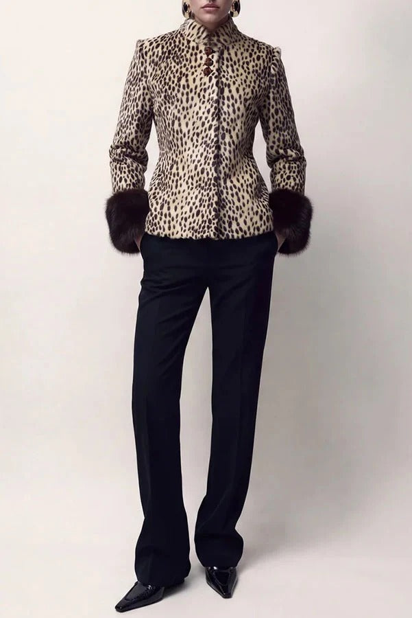Retro Street Style Faux Fur Animal Print Stand Collar Button Furry Cuffs Jacket