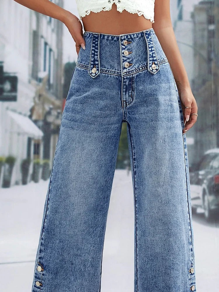 Modische, schlichte, hohe Taille mit Knopfleiste und weitem Bein, lange Hose