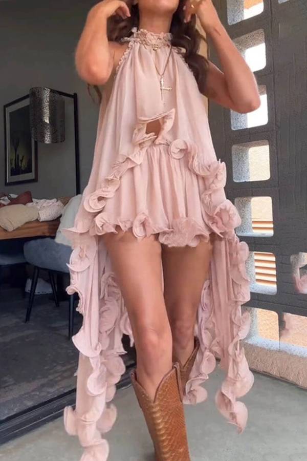 Haut trapèze irrégulier en mousseline de soie à volants ondulés et romantique