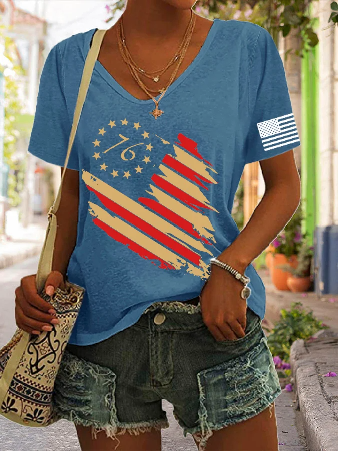 T-shirt décontracté à imprimé drapeau vintage pour femme