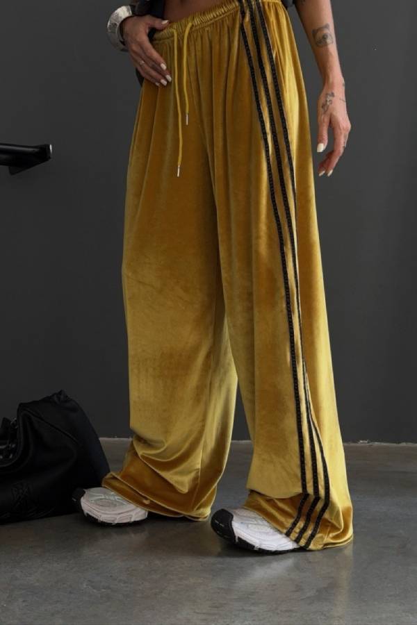 Velvet Wide Leg Pants with 3 Side Stripes