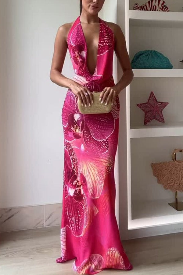 Perfect Sultry Look Unique Print Drape Cowl Neck Halter Maxi Dress