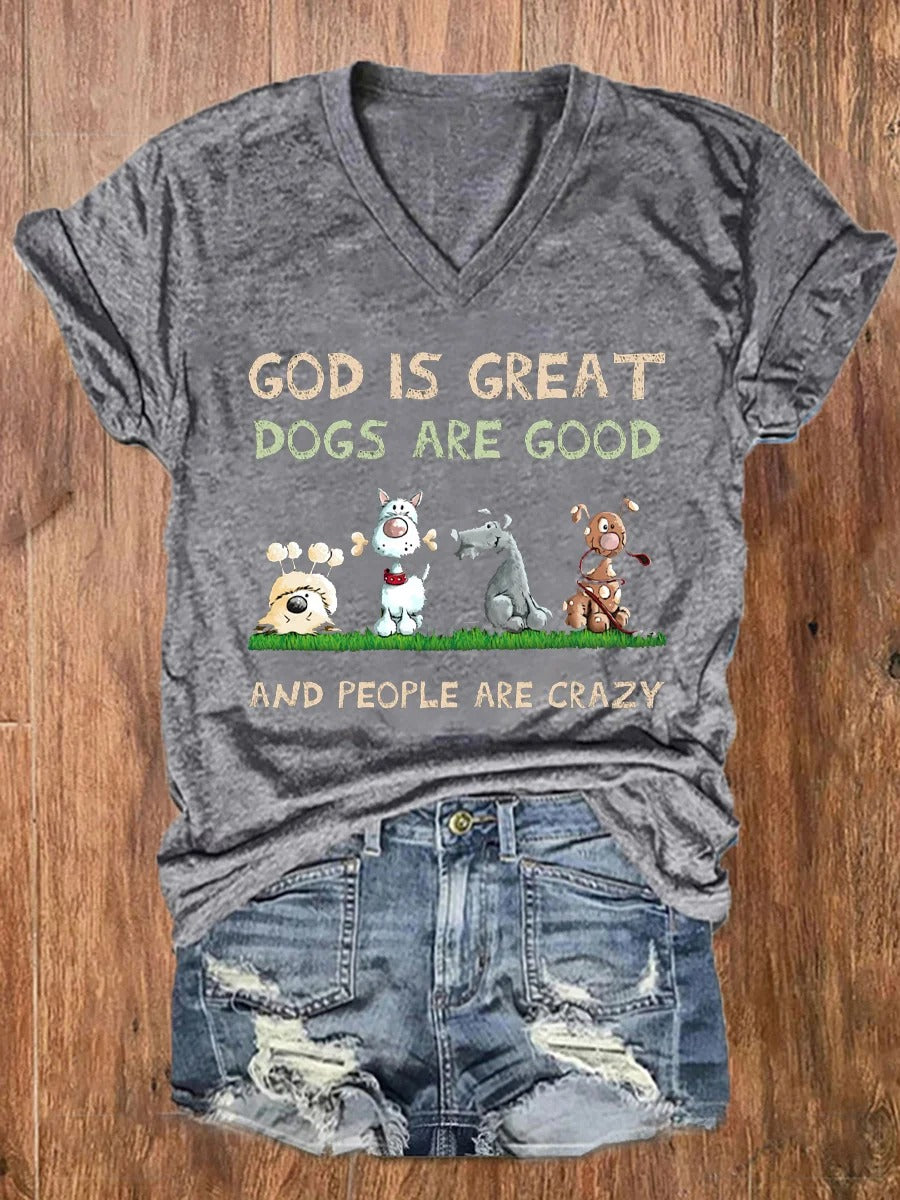 Haut imprimé « Dieu est grand, le chien est bon et les gens sont fous » pour femmes