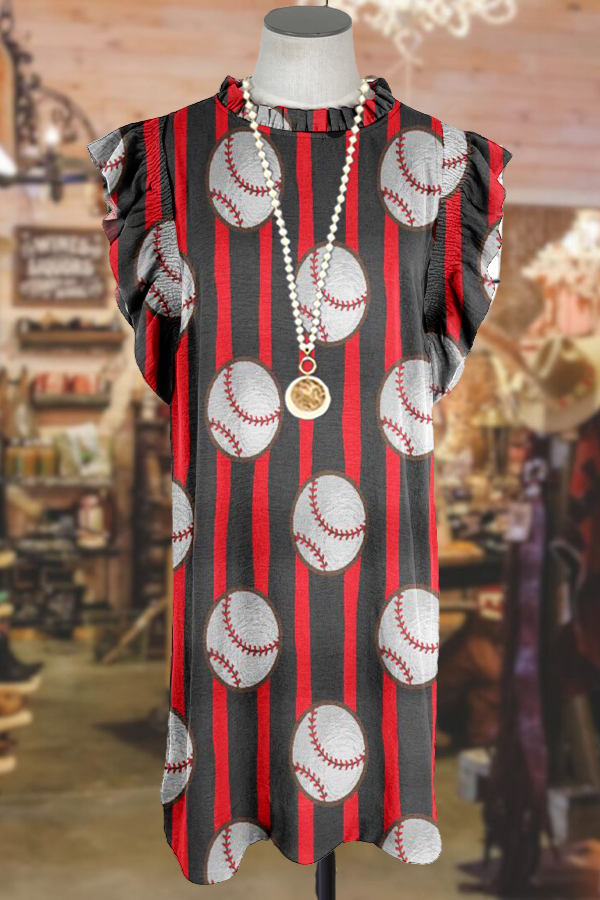 Elegant Contrast Baseball Ruffle Midi Dress