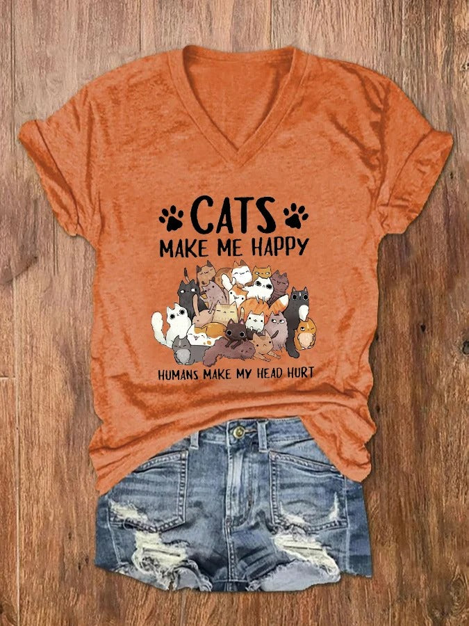 T-shirt col V imprimé « Les chats me rendent heureuse, les humains me font mal à la tête » pour femme