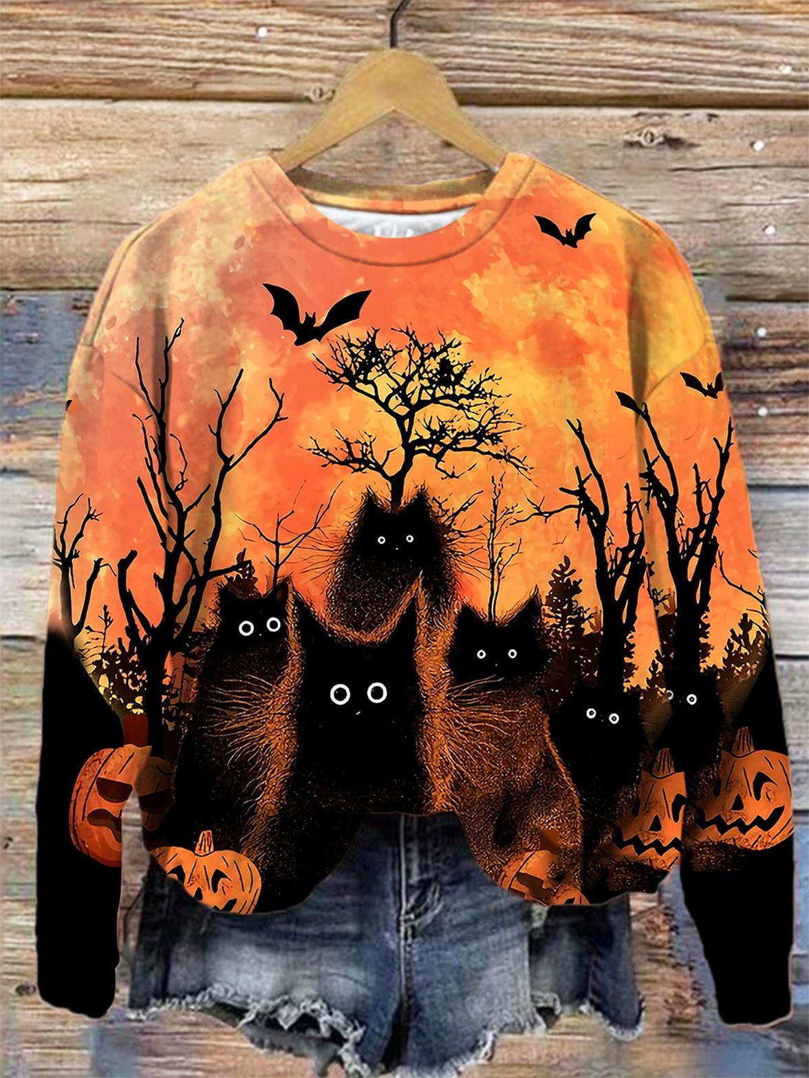 Women's Black Cat Print Crew Neck Long Sleeve Top