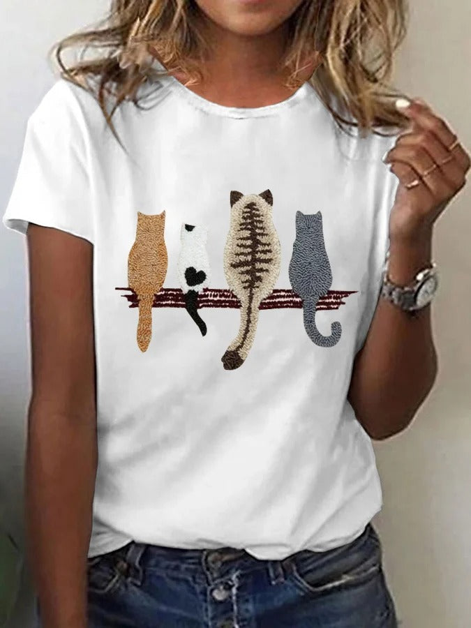 T-shirt décontracté imprimé chat pour femme