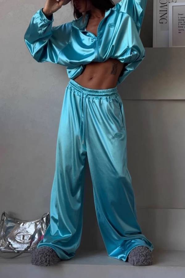 Shiny Satin Cropped Zip Jacket Wide Leg Track Pants Two Piece Y2K Casual Co-Ord Set