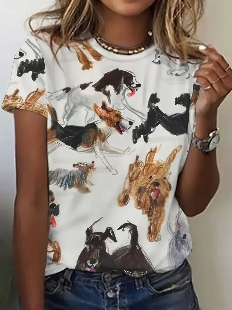 T-shirt à manches courtes pour femme avec imprimé chien