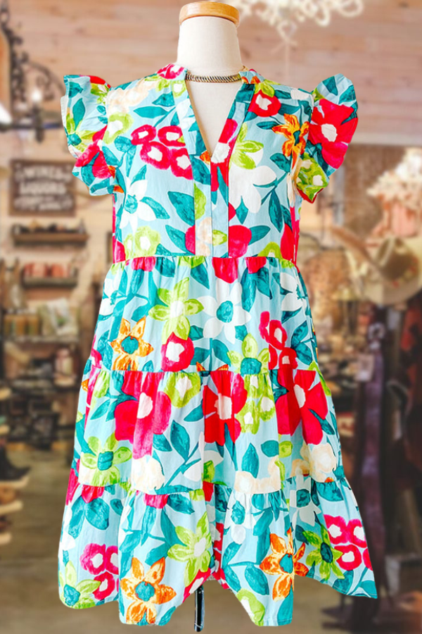 Multicolor Floral Flounce Sleeve Dress