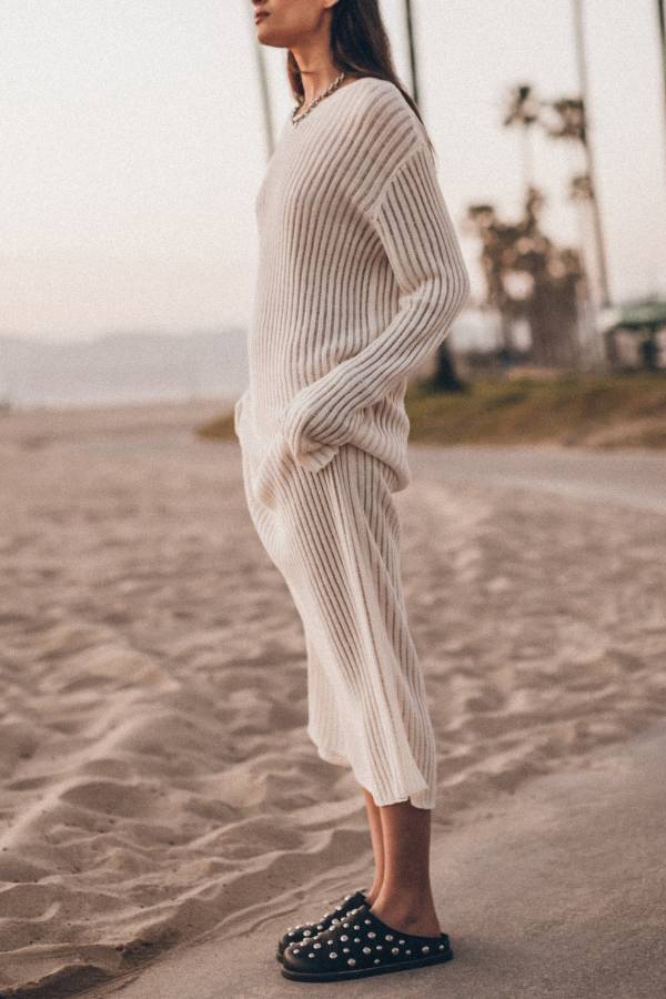 Change Season Sheer Knit Long Sleeve Ribbed Trim Slit Midi Dress