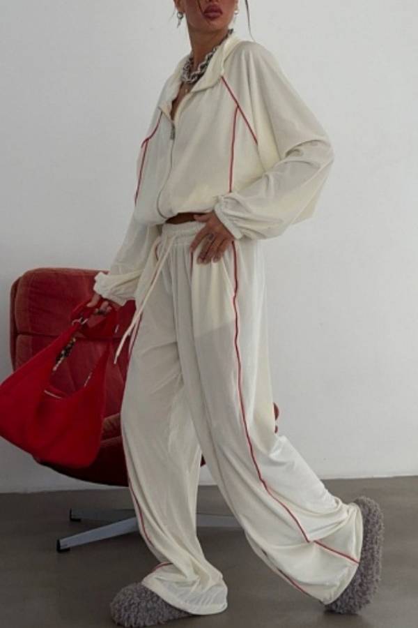 Contrast Piping Velvet Tracksuit 2 Piece Outfit