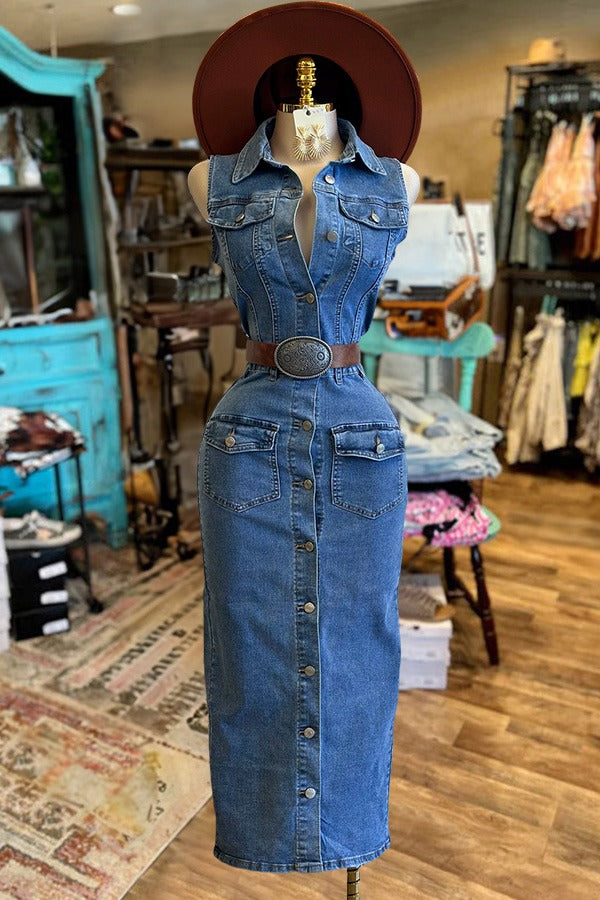 Vintage Denim Sleeveless Button Up Midi Dress