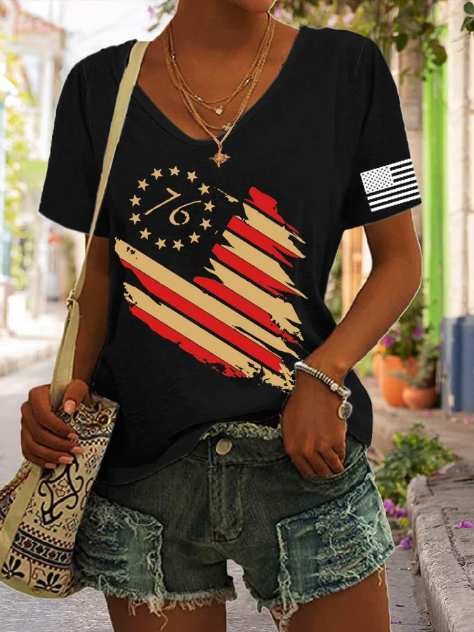 T-shirt décontracté à imprimé drapeau vintage pour femme