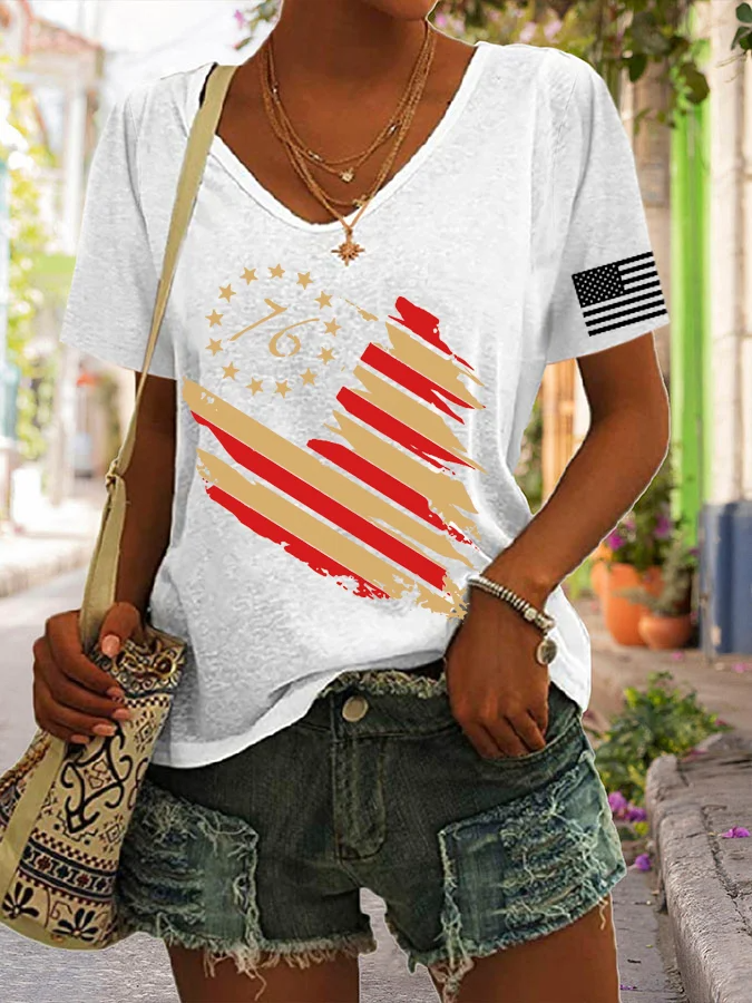 T-shirt décontracté à imprimé drapeau vintage pour femme