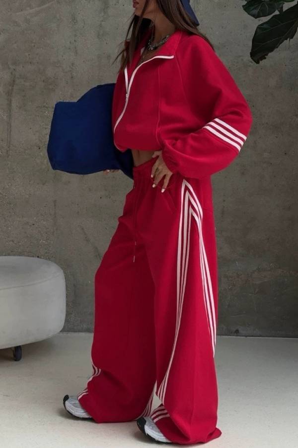 Side Stripe Cropped Zip Sweatshirt Wide Leg Pants Two Piece Set