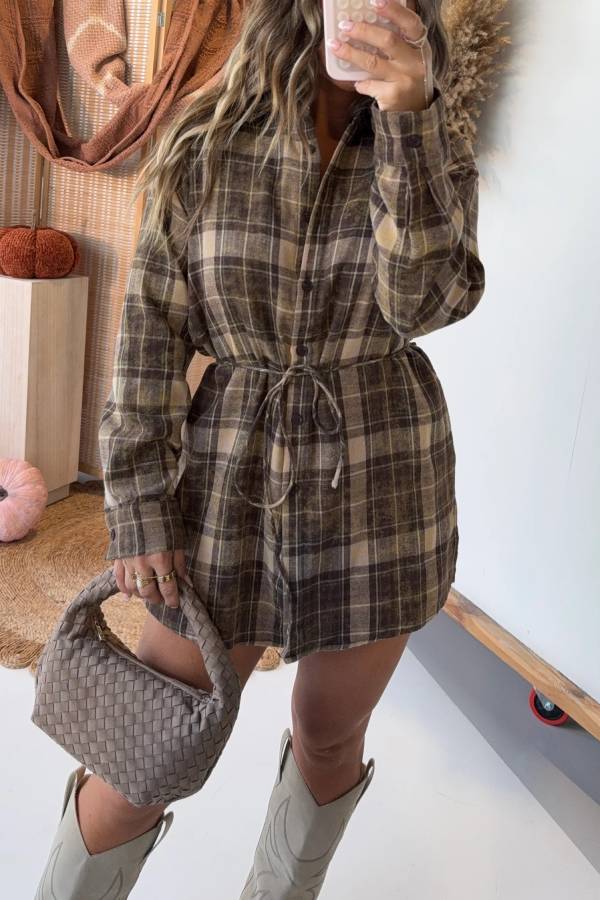All Too Well Plaid Romper Dress Brown