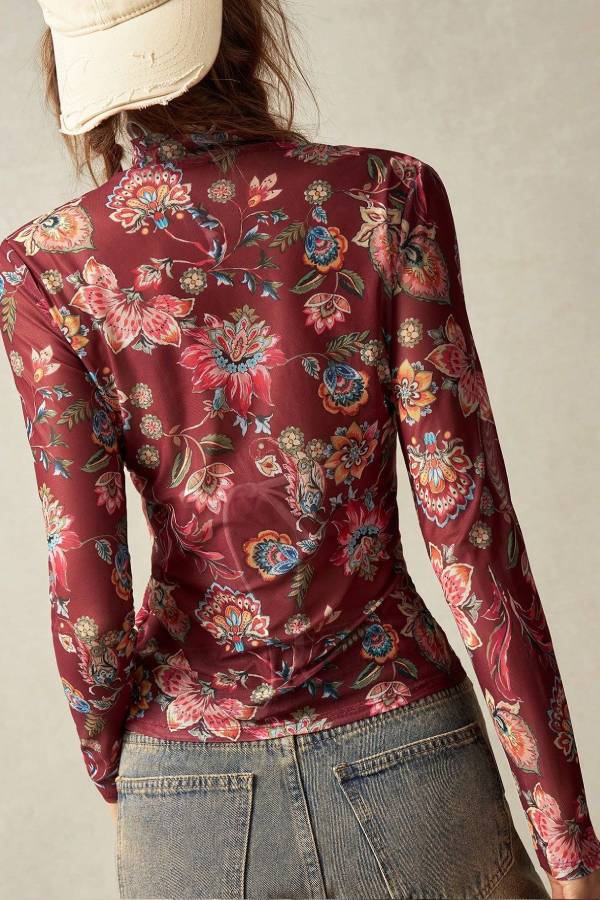 Vintage Floral Mesh Mock Neck Top