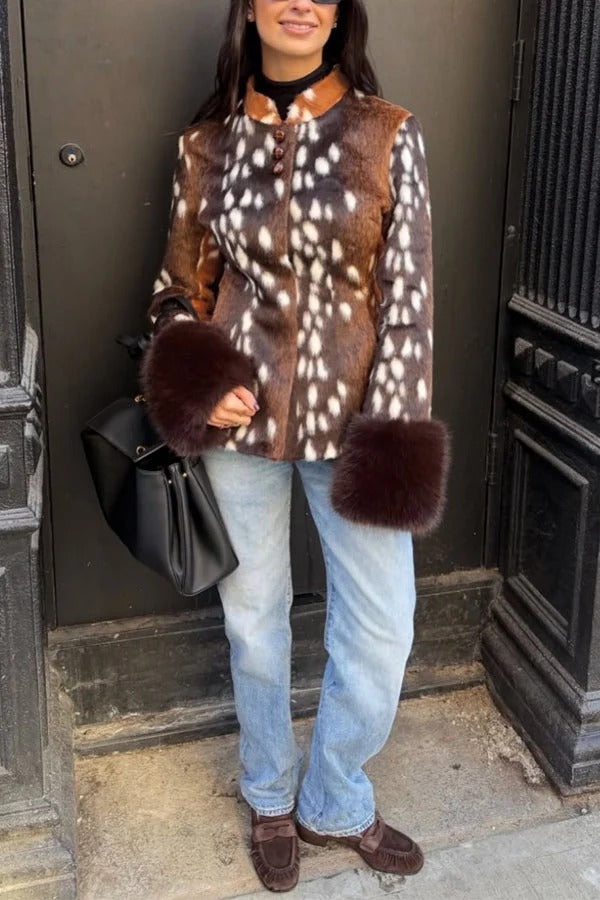 Retro Street Style Faux Fur Animal Print Stand Collar Button Furry Cuffs Jacket