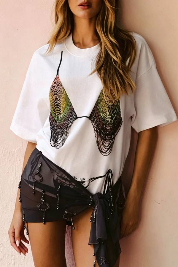 Nashville Night Out Colorful Tassel Bikini Fun Pattern Loose-fitting T-shirt