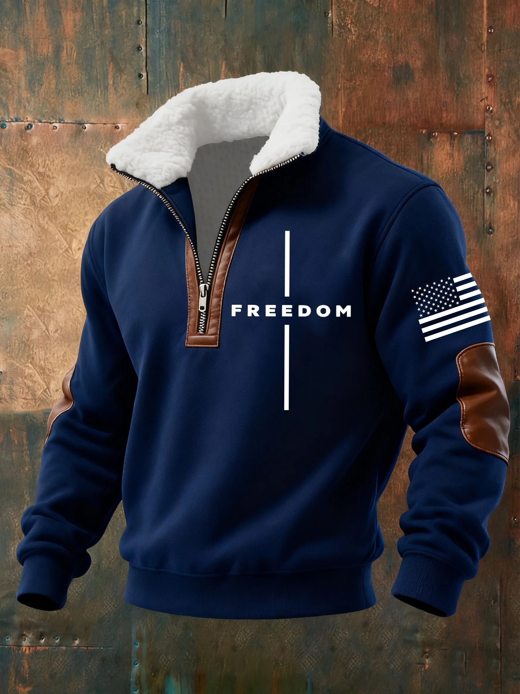 Men's Casual Freedom Flag Faith Retro Fur Collar Sweatshirt