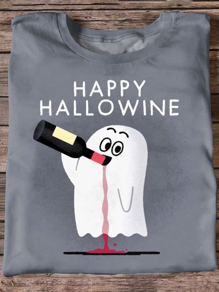 Funny Happy Hallowine Ghost Art Print Casual Short Sleeve T-shirt