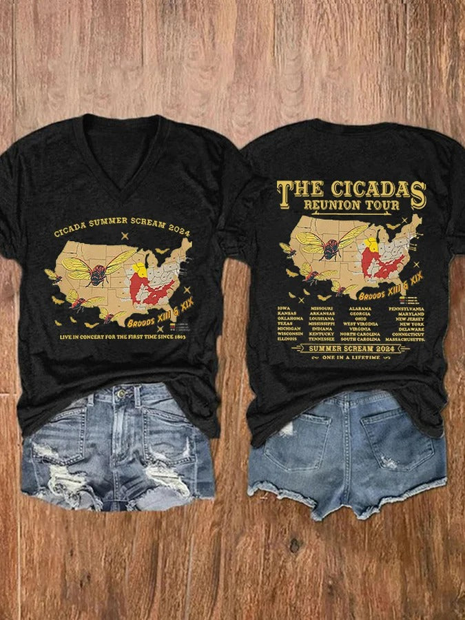 Women's Cicadas Summer Scream 2024 Print V Neck T-shirt