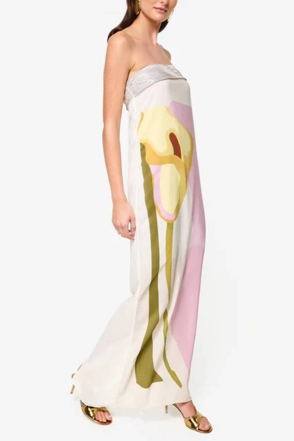 Dalva Calla Lilies Print Pleated Metallic Fabric Patchwork Bandeau Loose Maxi Dress
