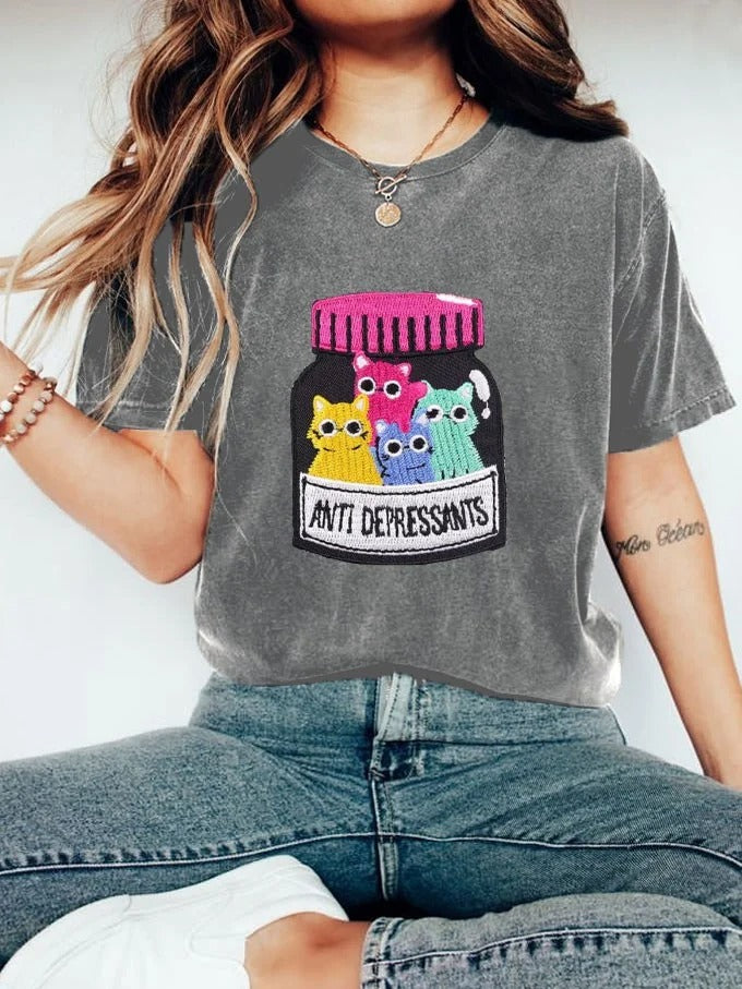 T-shirt imprimé chat amusant pour femme, antidépresseurs, santé mentale