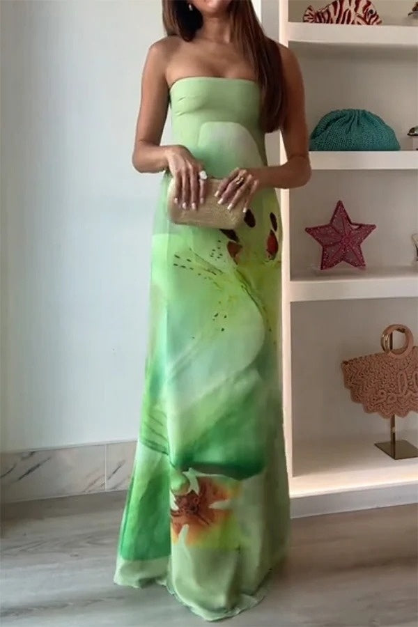 Smooth and Elegant Satin Unique Floral Print Off Shoulder Maxi Dress