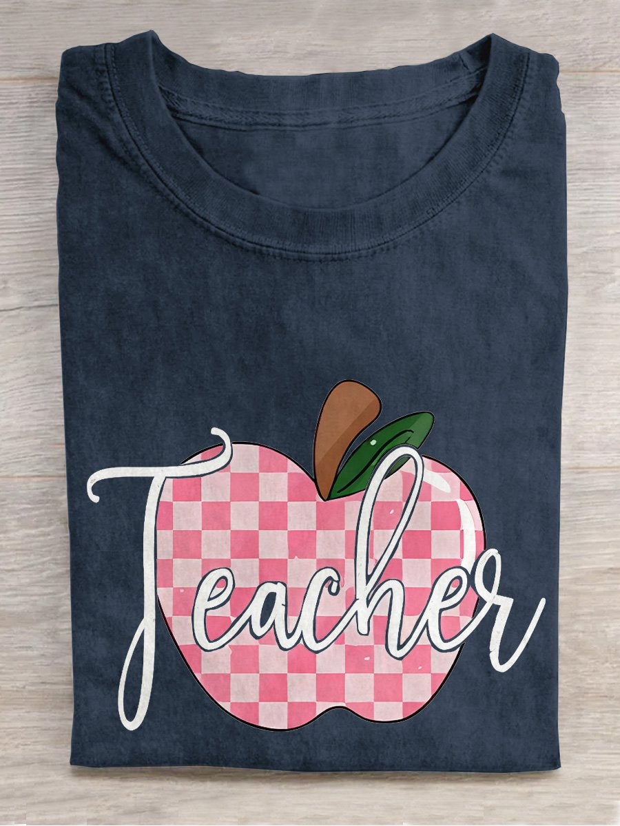 Plaid Teacher Apple Casual Print T-shirt