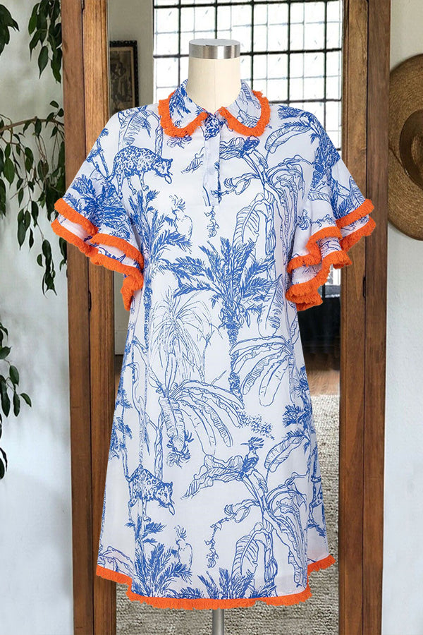 Bedrucktes Hemdblusenkleid mit Fransenbesatz