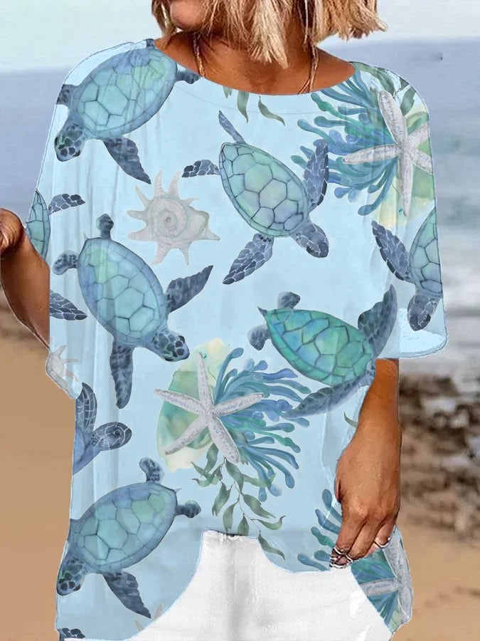 Chemise décontractée hawaïenne à imprimé tortue pour femme