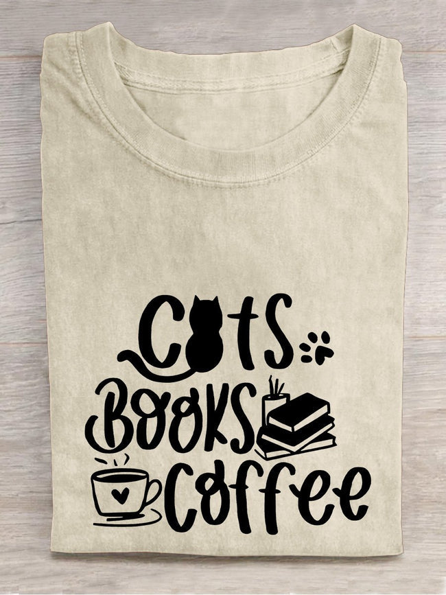 Cats Books Coffee Lover Casual Print T-shirt