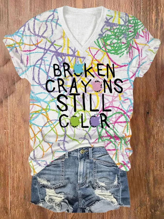 Women's Broken Crayons Still Color Mental Health Print V-Neck Short Sleeve T-Shirt