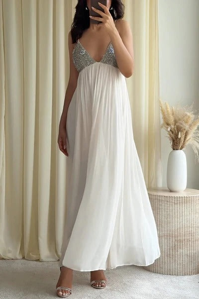 Ellie Contrast Bead Sequin Detail Flowy Chiffon Hem Slip Maxi Dress