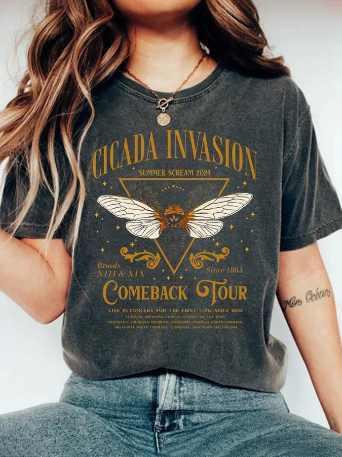 Bedrucktes Freizeit-T-Shirt „The Cicadas Reunion Tour“ für Damen