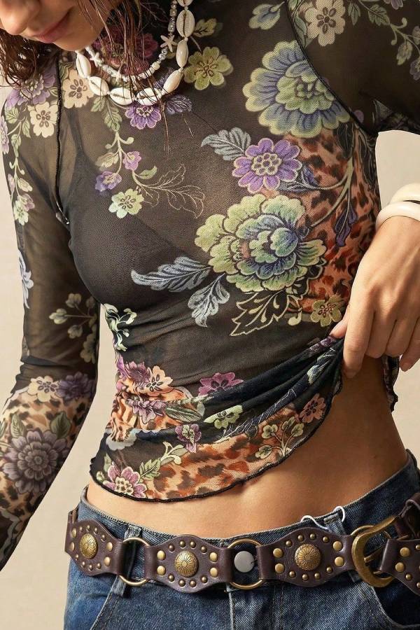 Vintage Floral Leopard Print Mock Neck Mesh Long Sleeve Top