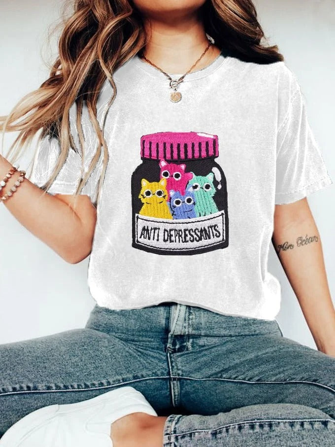 T-shirt imprimé chat amusant pour femme, antidépresseurs, santé mentale