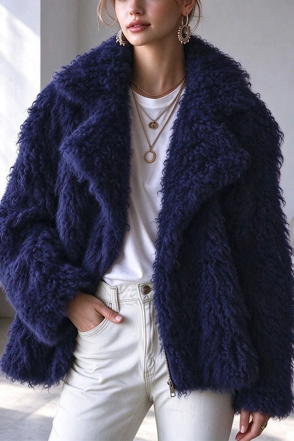Warm Winter Teddy-style Curly Plush Long Sleeve Lapel Coat