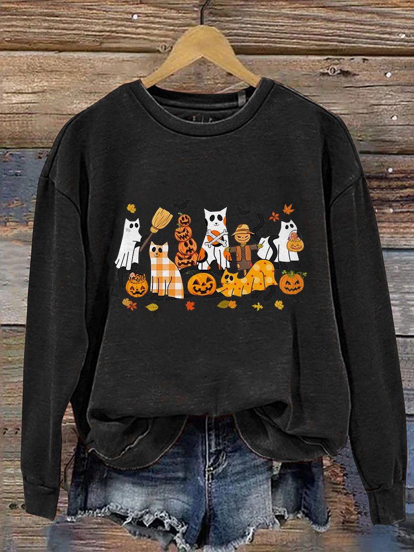 Schwarzes Sweatshirt mit Halloween-Geisterkatzen-Print
