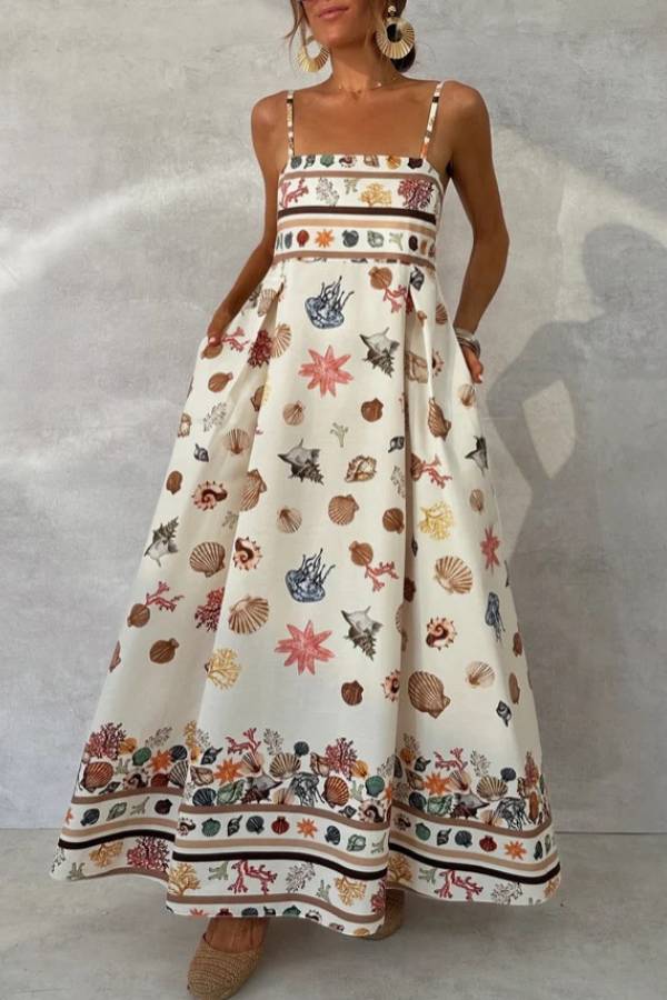 Ocean Shell Print Square Neck Smocked Back Swing Maxi Vacation Dress