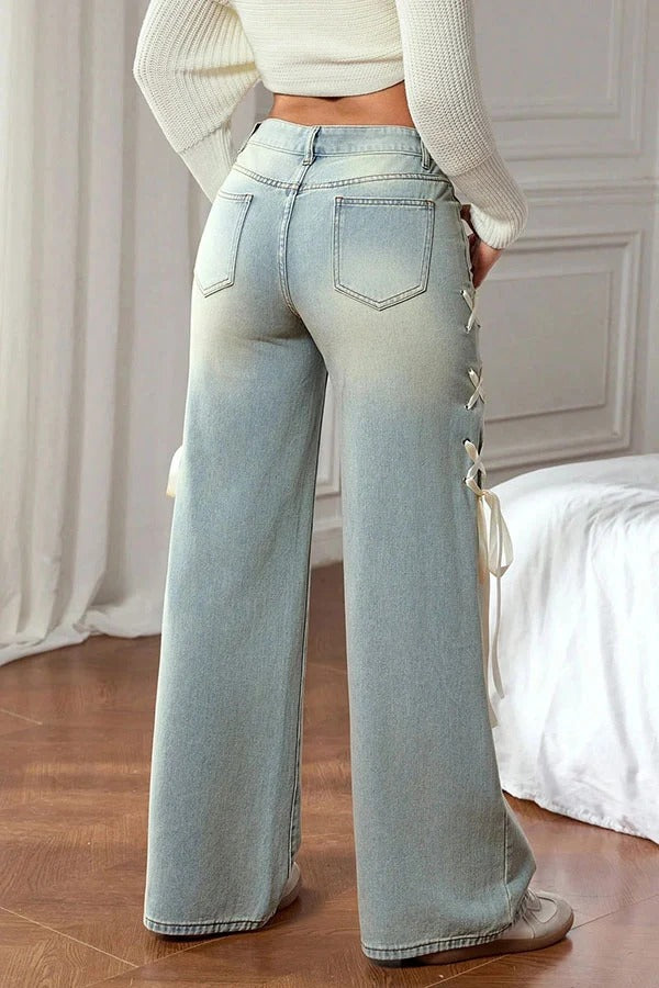 Fashionable Denim Mid Rise Side Ribbon Lace-up Pocket Wide Leg Jeans