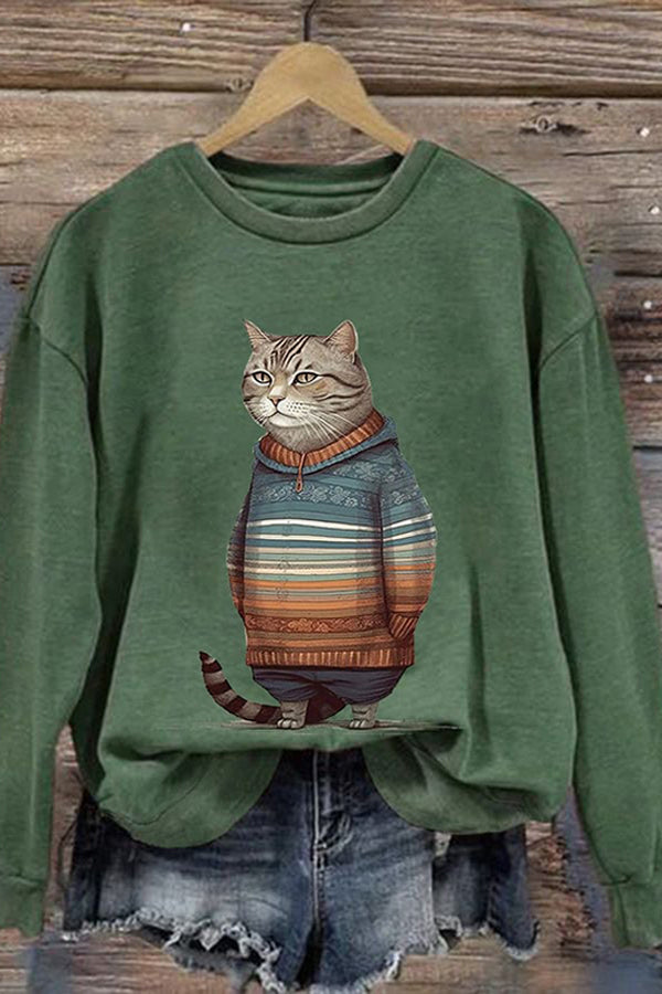 Women's Winter Cat Print Crew Neck Sweatshirt
