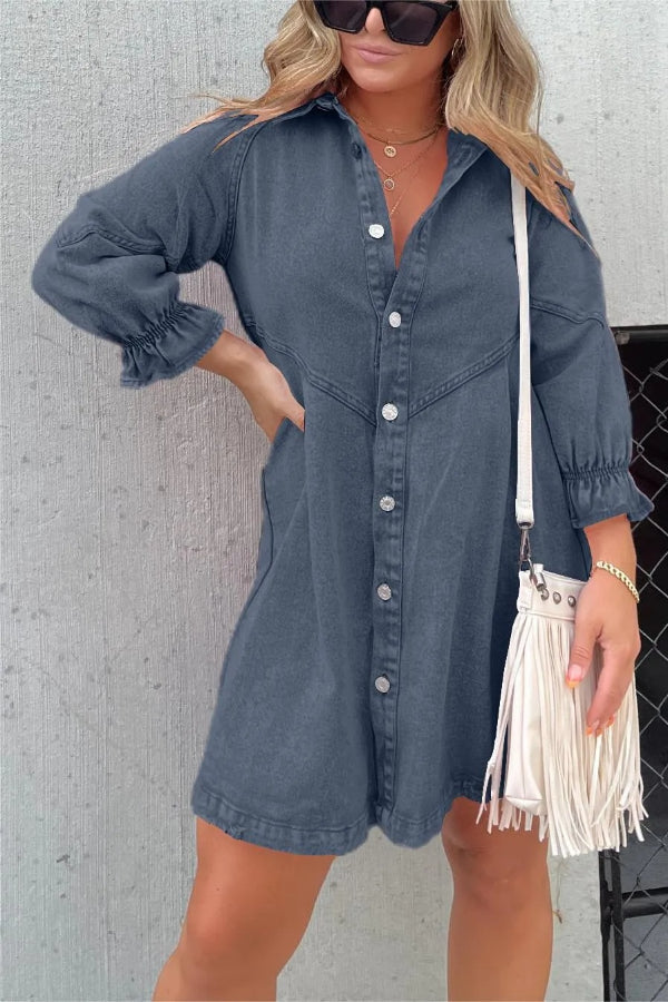 New Washed Denim Puff Sleeve Dress