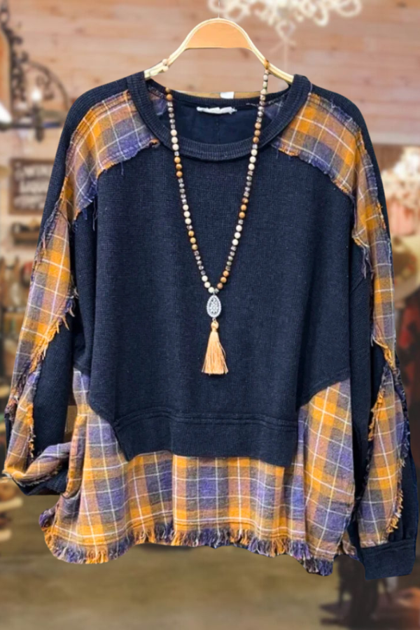 Patchwork Washed Plaid+Waffle Sweatshirt