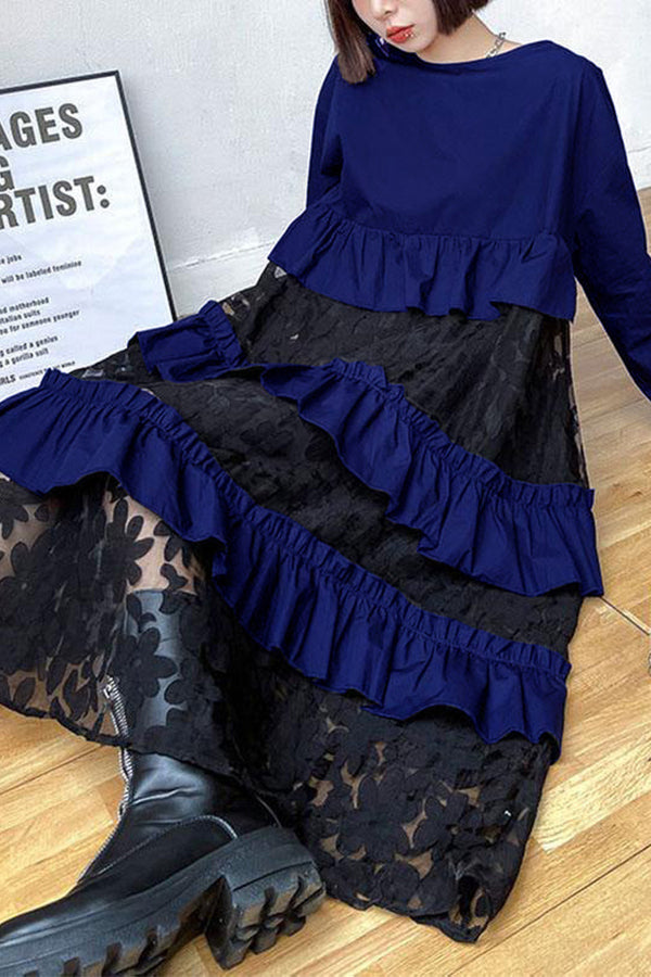 Robes d'automne bohèmes noires à volants en dentelle