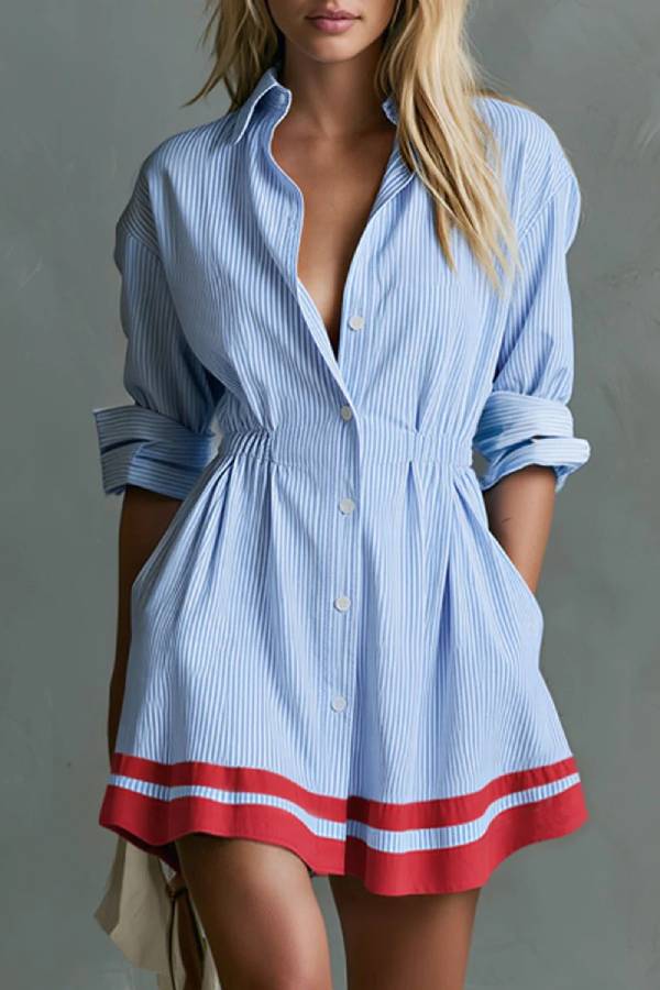 Retro-style Color-blocked Trim Blue Striped Long-sleeved Collared Cotton Mini Dress